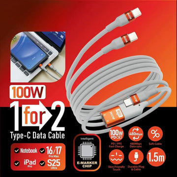 (1 For 2) Data Cable【1拖2】100W Type-C充電線 - 灰色橙頭