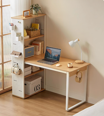 Buy natural-wood-white-computer-desk LL018 Zenith Perforated Bookshelf and Computer Desk Combination