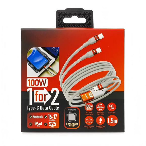 (1 For 2) Data Cable【1拖2】100W Type-C充電線 - 灰色橙頭