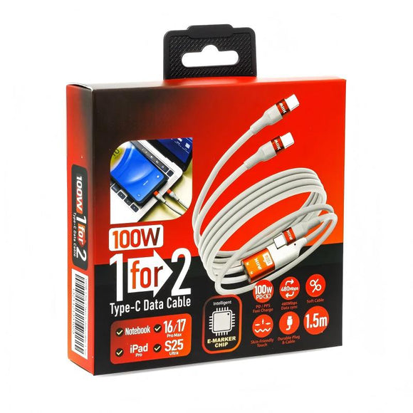(1 For 2) Data Cable【1拖2】100W Type-C充電線 - 灰色橙頭