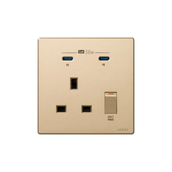GaN36W 雙Type-C 電制插座 (單蘇) - 香濱金
