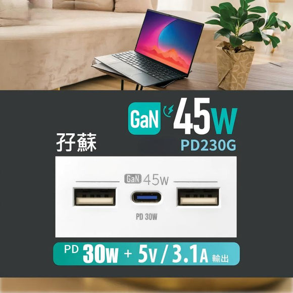 GaN45W Type-C/USB 電制插座 (孖蘇) - 白色