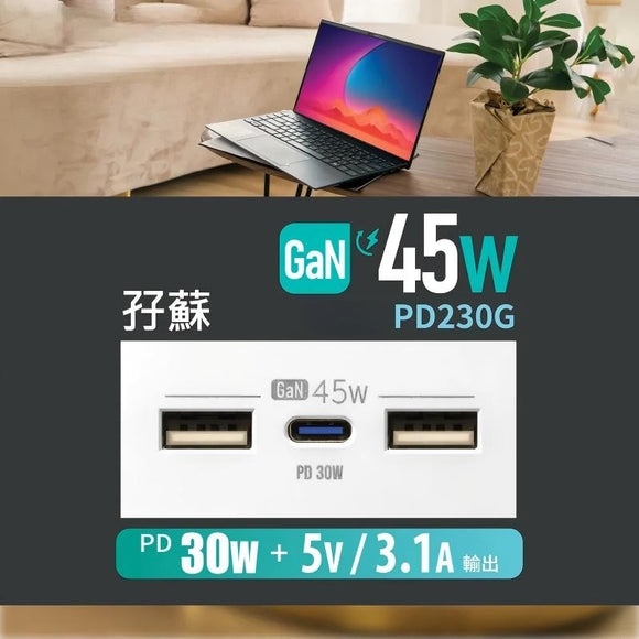 GaN45W Type-C/USB 電制插座 (孖蘇) - 碳灰
