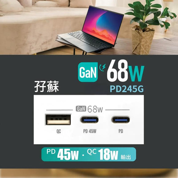 GaN68W Type-C/USB 電制插座 (孖蘇) - 白色