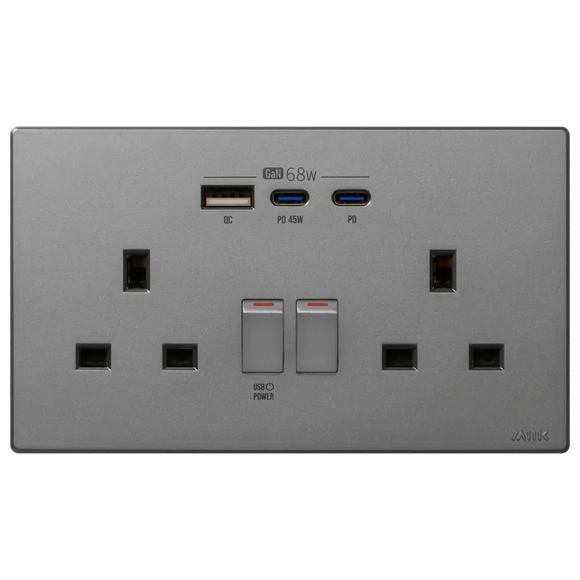 GaN68W Type-C/USB 電制插座 (孖蘇) - 碳灰