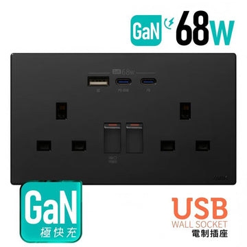 GaN68W Type-C/USB 電制插座 (孖蘇) - 碳黑